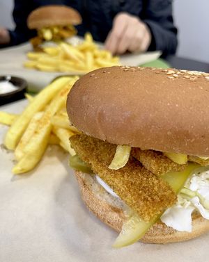 Crispy burger: crispy tofu, pickles, fries, Coleslaw, garlic sauce. at Future Diner in Yerevan