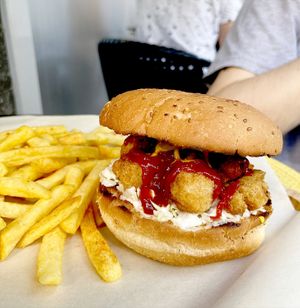 The superstar BBQ Burger with fried soy chunks  at Future Diner in Yerevan