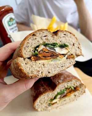 Sweet potato sandwich: all grilled sweet potato, walnuts, mushrooms, lettuce, pickles, chia seeds, tarator sauce (vegan) at Future Diner in Yerevan