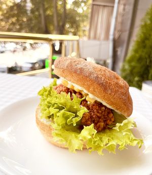 Sloppy Jan: sloppy style soy chunks, onion, tomato sauce, corn and mayo sauce in a chiabatta bread at Future Diner in Yerevan
