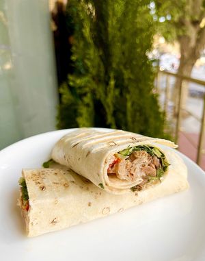 Future Shawarma: flatbread with soy chunks in Shawarma spice mix, grilled onion, grilled tomato, parsley, hummus, tarator sauce at Future Diner in Yerevan