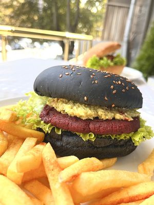 Avocado burger + fries at Future Diner in Yerevan