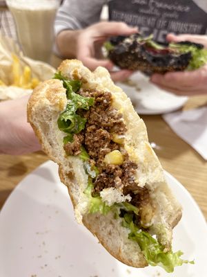 Sloppy Jan burger, inside:
sloppy style soy chunks, onion, tomato sauce, corn and mayo sauce in chiabatta bread at Future Diner in Yerevan