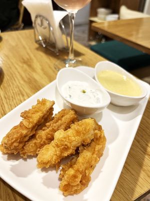 Fried tofu sticks with soft batter + vegan tzatziki sauce and vegan "honey-mustard" sauce at Future Diner in Yerevan
