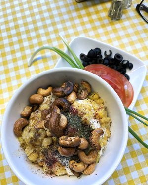 Divine Fatteh with hummus and fried cashew at Future Diner in Yerevan