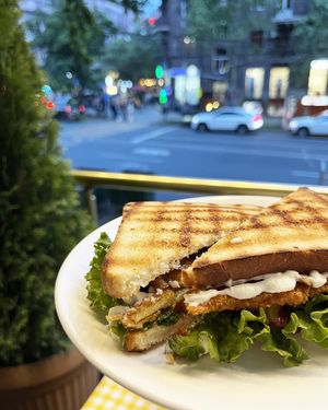 Sandwich w/fried tofu, veggies and vegan mayo at Future Diner in Yerevan