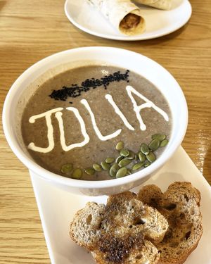 Just look! The chef wrote my name with vegan mayo on the yummy mushroom soup! The soup is really good. at Future Diner in Yerevan