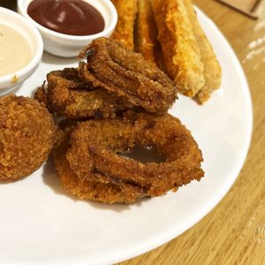Onion rings from Super Future Mix 2.0 sharing plate. Can be ordered as a separate appetizer. at Future Diner in Yerevan