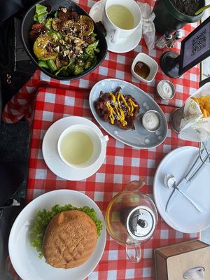 veggie grill salad, village potato, bbq bites  at Future Diner in Yerevan