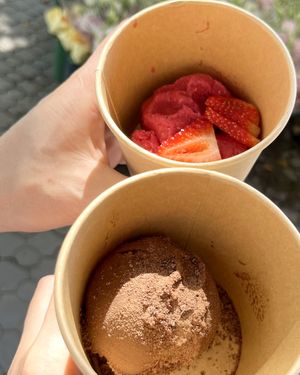Vegan ice cream: chocolate one and raspberry sorbet with fresh strawberries at Future Diner in Yerevan