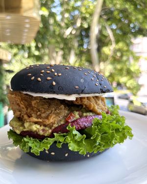 Avocado burger with added fried oyster mushrooms, extremely juicy, highly recommend! at Future Diner in Yerevan