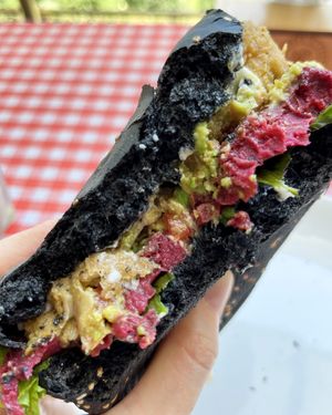 Avocado burger with added fried oyster mushrooms, extremely juicy, highly recommend! at Future Diner in Yerevan