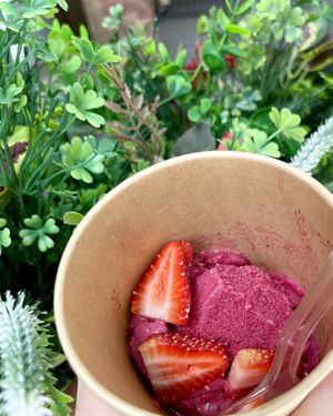 Raspberry sorbet with fresh strawberries. Perfect for Yerevan summer!
 at Future Diner in Yerevan