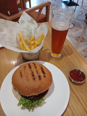 Mushroom burger, fries and apricot beer at Future Diner in Yerevan