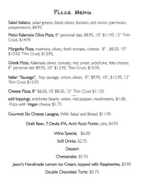 Pizza menu, all vegetarian, vegan cheese option!  at Pacific Blues Natural Cafe & Wine Bar in Bandon