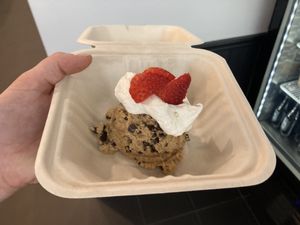 Single scoop of cookie dough with strawberries and cream  at Cinnaholic in Calgary