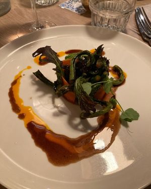 Morel mushroom, fiddle heads with a marmite sauce. Fabulous!!!! at Nightshade in Vancouver