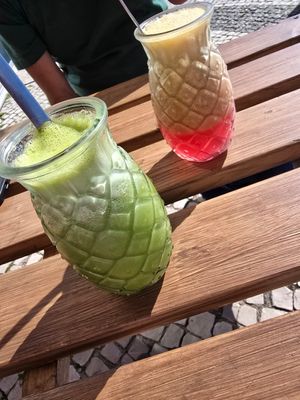 Fresh juices made to order at Rocha Beach House in Portimao