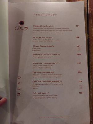 Menu at Gratitude in 