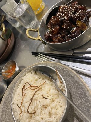 Chilli faux chicken & ginger ricee  at Fatt Pundit - Soho in London