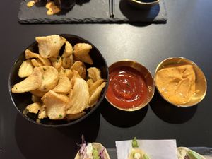 voodu fries ($4) + ketchup (free) + cajun sauce ($0.75) - very good fries and sauce but again expensive   at Voodu Vegan Bistro in Tampa