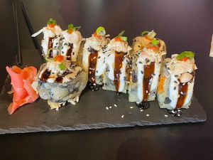 Blackjack roll, it’s only 2$ extra to get it tempura fried (in coconut oil!!) and it comes with extra jackfruit crab!!  at Voodu Vegan Bistro in Tampa