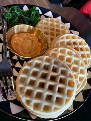 Savory Chick’n & waffles. Chick’n is inside the waffle. Can be made sweet or savory.  at Voodu Vegan Bistro in Tampa