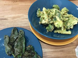Vegetable tempura served with grilled pimentos padron at Paladares Vegan in Braga