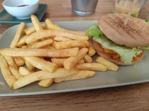 Beyond meat burger and fries at Paladares Vegan in Braga