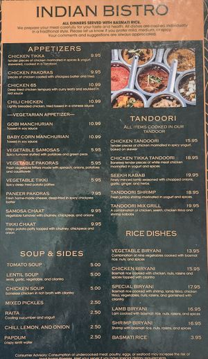 Menu Front at Indian Bistro in Topeka