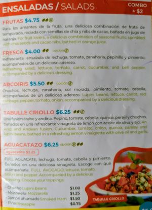 Menu 9 of 15, March 2023 at Tortuga in Tena