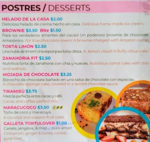 Menu 12 of 15, March 2023 at Tortuga in Tena