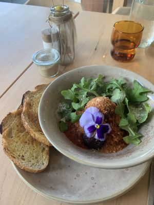 Meatballs (on the menu) with toast  at The Green Canopy in Fitzroy