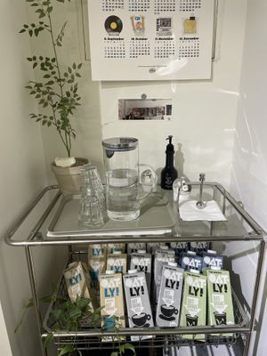 Free water and Oatly display  at Immu Bake Shop in Seoul