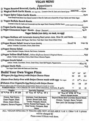 Menu at Ozona Pizza in Palm Harbor