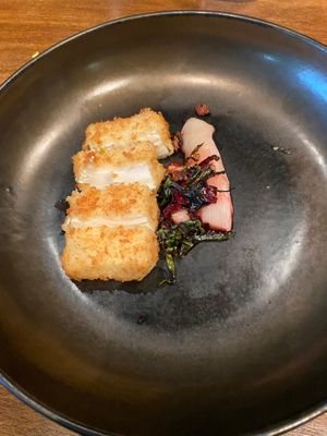 Tofu with chard and confit rhubarb  at White Rabbit in Todmorden