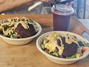 Iron man and *egg* and thigs bowls with blueberry mint smoothie at Key Roots in Islamorada