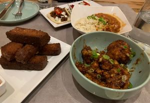 Fried cornbread, cauliflower, rice and beans, and jackfruit tacos. MmmmMmmmm  at Fellow Traveler in Englewood