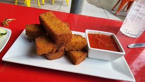 friend corn bread. great idea. good flavor. has potential to be special.  at Fellow Traveler in Englewood