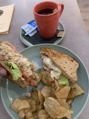 Chickpea sandwich with jalapeño chips and peppermint tea - delicious!  at Fellow Traveler in Englewood