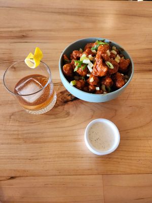 Sazerac cocktail and fried cauliflower (spicy) at Fellow Traveler in Englewood