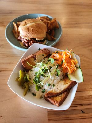 Bahn Mi Bowl and jackfruit BBQ sandwich at Fellow Traveler in Englewood
