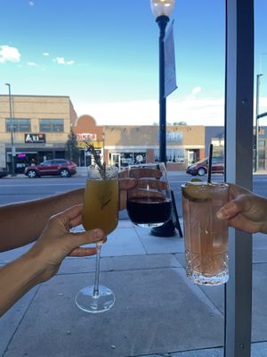 (Left) N/A peach Bellini, (middle) Tempranillo, (right) N/A nectar of the gods   at Fellow Traveler in Englewood