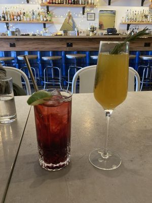 Hibiscus tea and Peach-lemon-rosemary Bellini mocktail  at Fellow Traveler in Englewood