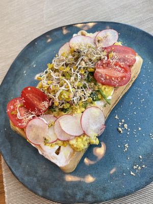 Scrambled tofu served on a waffle  at Las Vegan in Gdynia