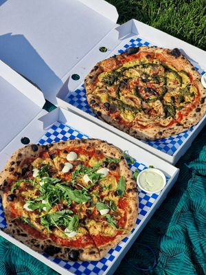 Oscar's pizzas in the park (ordered from their 2nd location at Portland Arms) at Oscar's Lockdown Pizza in Cambridge