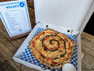 Vegan Ooo Mami with oyster mushrooms, homemade pesto and homemade cashew cream cheese  at Oscar's Lockdown Pizza in Cambridge