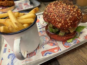 Patriot vegan burger and fries, beetroot brioche bun   at BrewDog in Bath