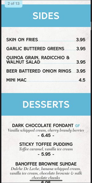 Menu  at The Fountain in Edinburgh