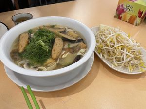 Dill fish noodle soup   at Easy Vegan in Richmond